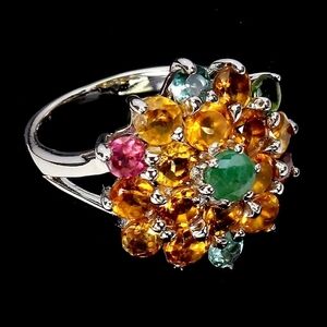 925 Sterling Silver Ring Round Emerald 4mm Citrine Tourmaline Jewelry Size 7.75